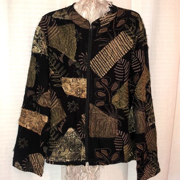 Chico’s L Black Green Gold Patchwork Embroidered Light Full Zip Jacket - Picture 1 of 15